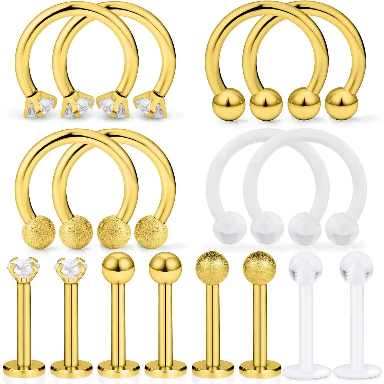 Surgical Steel Lip Rings Clear Diamond CZ Labret Studs Tragus Horseshoe Ring Helix Hoop Earring Body Jewelry Piercing Retainer for Women Men 16 Gauge