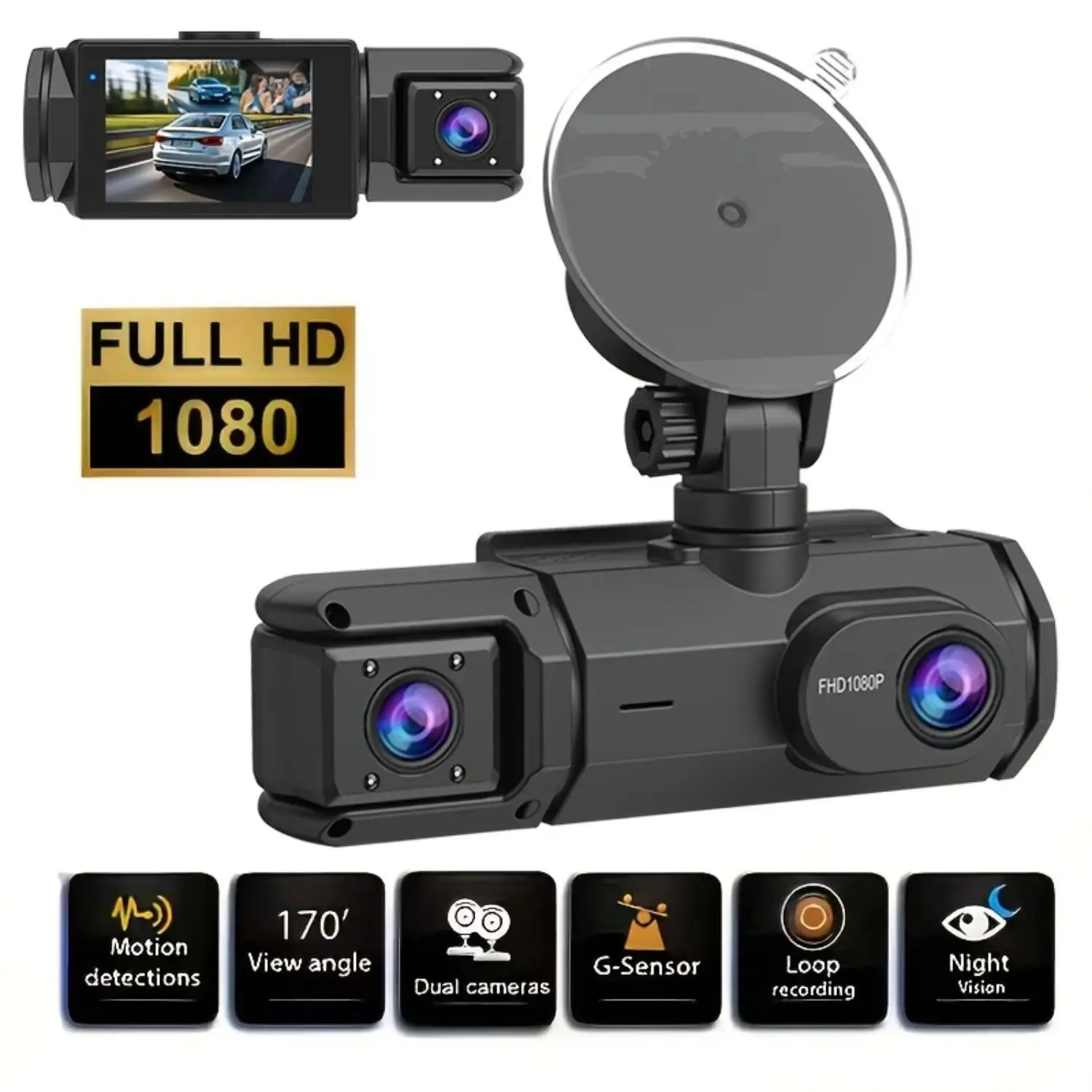 Full HD 1080P Mini Dual-Lens Car Dashboard Camera - Auto Driving Recorder, Car Electronics Accessory, Smart Driving Tech for Family Road Trips, 170° Wide Angle, Night Vision, ADAS, G-Sensor, Loop Recording, 24H Parking Monitor