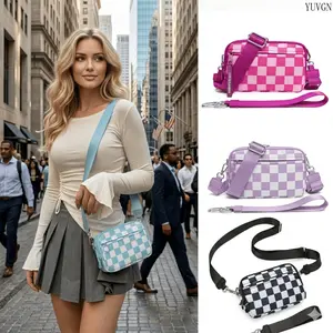 Checkered Quilted Nylon Wristlet Wallet, Women's 4 Zipper Small Crossbody Purse, Portable Credit Card Holder, Lightweight & Durable, Ideal for Daily Errands, Travel & Casual Outings