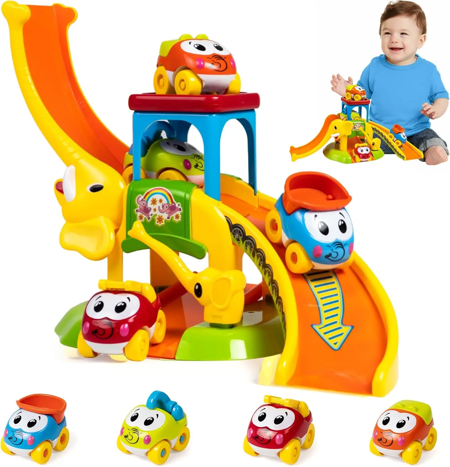 Toddler Toys for 1 2 Year Old Boys and Girls Gifts: Educational Elephant Slide with 4 Animal Car Toys for Baby 12-18 Months, First Birthday Gifts for Kids, Learning Push Truck Tracks Age 1-2