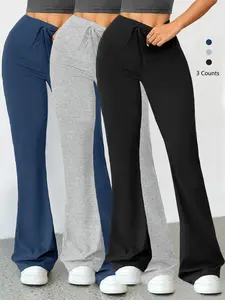 Women's Solid Drawstring High Waist Flare Leg Sports Leggings, Casual Comfy Breathable Bell Bottom Trousers, Flared Yoga Bottoms for Yoga Gym Workout Running, Ladies Sportswear for Fall & Winter