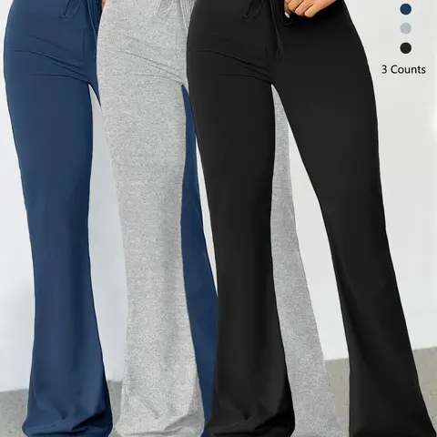 Women's Solid Drawstring High-Waisted Flare-Leg High-Stretch Casual Comfy Breathable High Stretch Sporty Bell Bottom Sports Leggings for Yoga, Workout & Running, Fall & Winter Sportswear, Activewear Bottoms, Athleisure Fitness Pants, High Waists Leggings