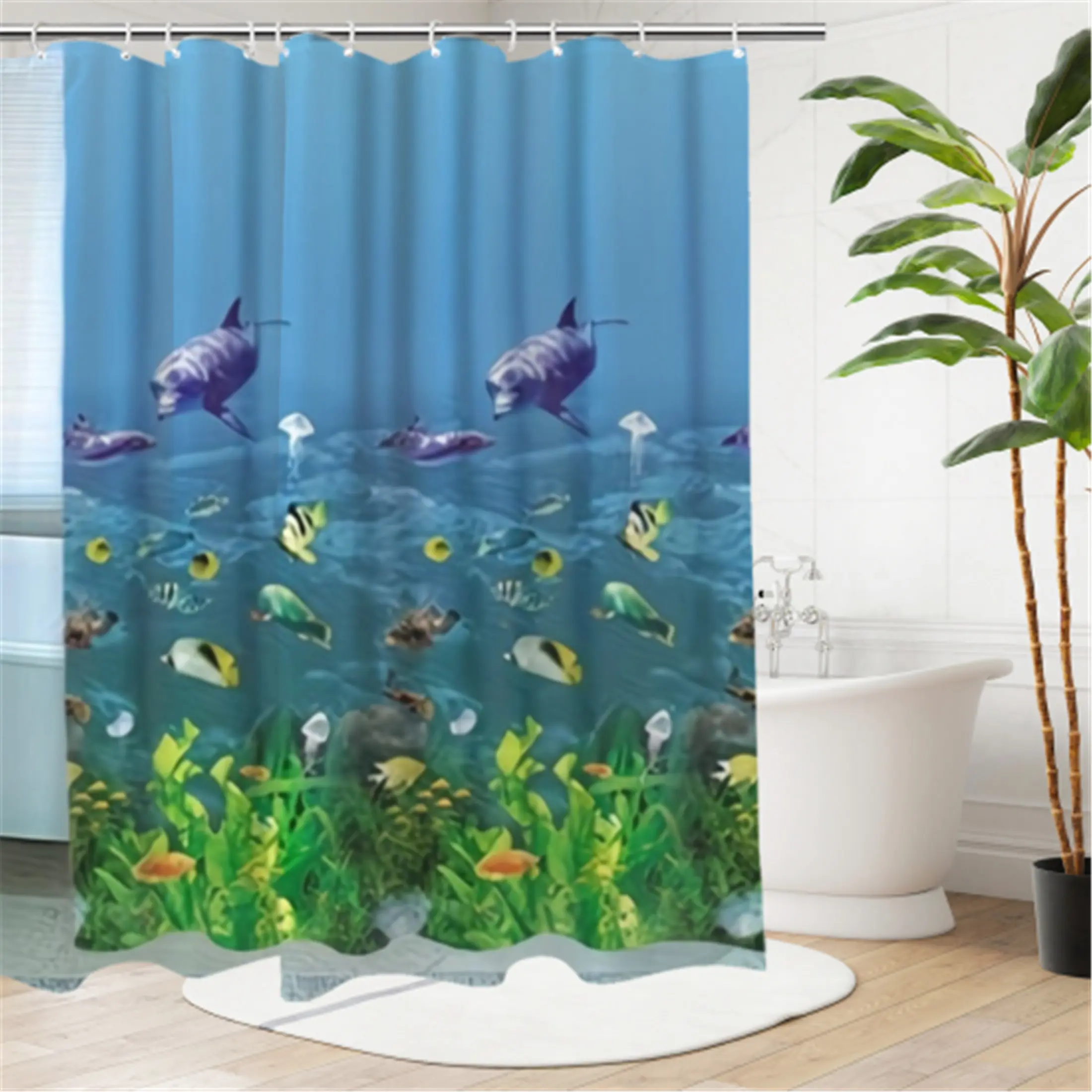 Underwater world tropical fish shower curtain set, waterproof shower curtain with 12 hooks, non-slip bathroom carpet, toilet U-shaped cushion, toilet seat cover cushion, bathroom decoration, bathroom shower curtain set, perfect mobile gift.