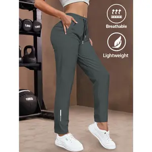 Women's sports and leisure trousers, elastic fabric, suitable for outer wear, running and fitness, pouch, drawstring.