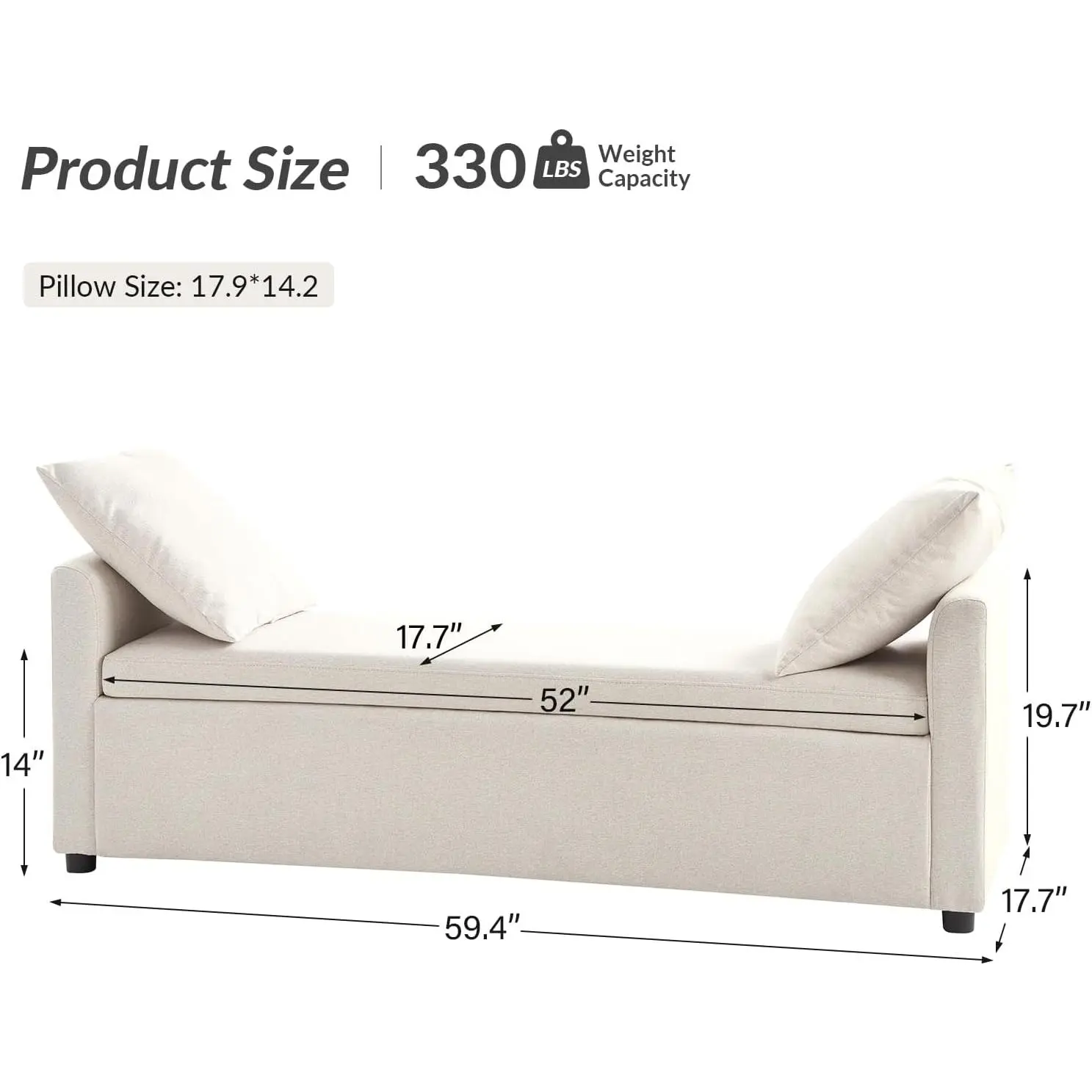 Modern Storage Bench with Throw Pillows, 59.4" Extra Long Bedroom Ottoman Bench for End of Bed, Comfy Upholstered Footstool for Entryway Living Room Dining Room, Linen