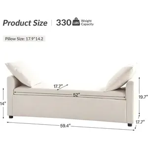 Modern Storage Bench with Throw Pillows, 59.4" Extra Long Bedroom Ottoman Bench for End of Bed, Comfy Upholstered Footstool for Entryway Living Room Dining Room, Linen