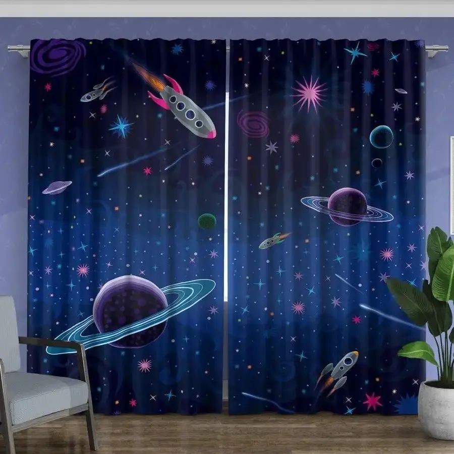 2 pieces of space-themed printed Window Curtains, made of durable, wrinkle-resistant, fading-resistant polyester fabric, suitable for decorating children's rooms and creating science fiction-themed playrooms, Home decoration curtain