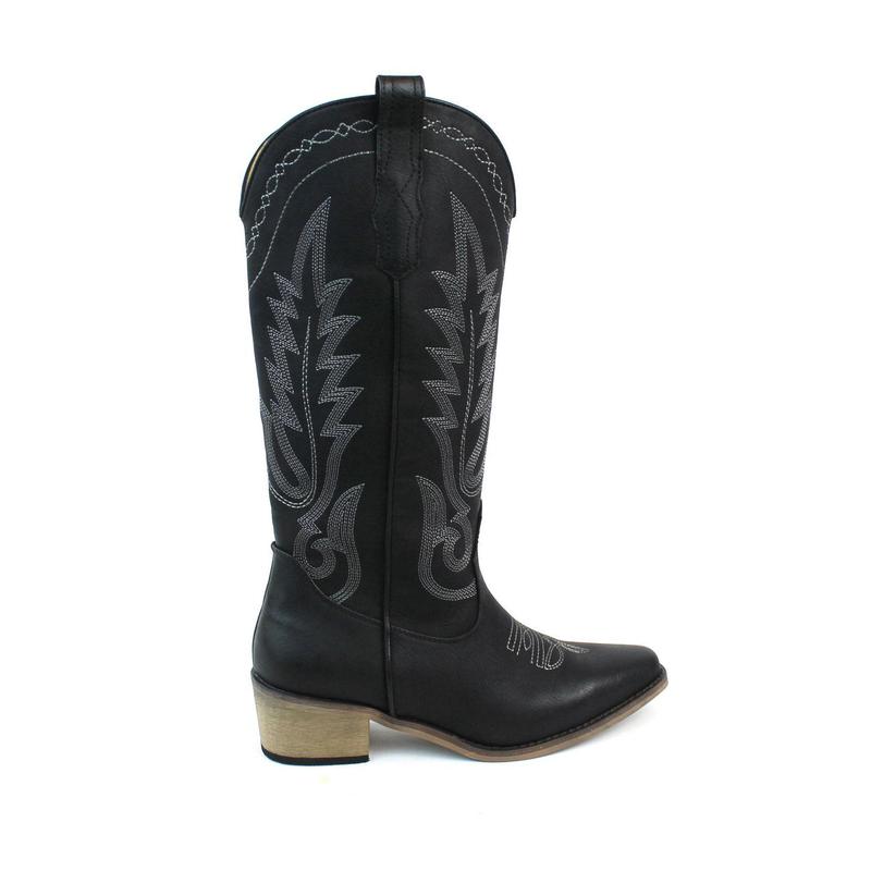 Women's Black Western Cowboy Snip Toe Embroidered Leather Knee High Cowgirl Boots Wide Calf AZARWOMAN
