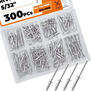 300 PCS 5/32" Blind Rivets Aluminum Pop Rivet Kit 4 Sizes Assortment 1/4 5/16 3/8 1/2 Lengths Dome Head Open-End Steel Mandrel