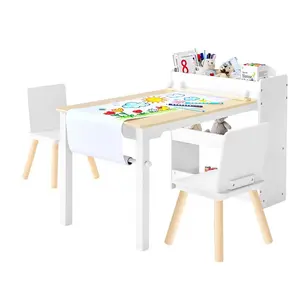 VEVOR Kids Art Table and Chair Set, Toddler Craft Table with 3 Tiers Storage Cabinet, Wooden Kids Activity Play Desk with 2 Chairs, Art Craft Play Desk for Reading, Learning, Drawing, Writing, White