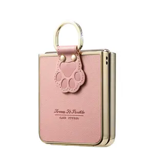 Cat Paw Ring Grip Flip Phone Case, Stylish Leather Protective Cover Compatible with OPPO Find N3 Flip, Xiaomi Flip2 , Moto Razr 60 Ultra