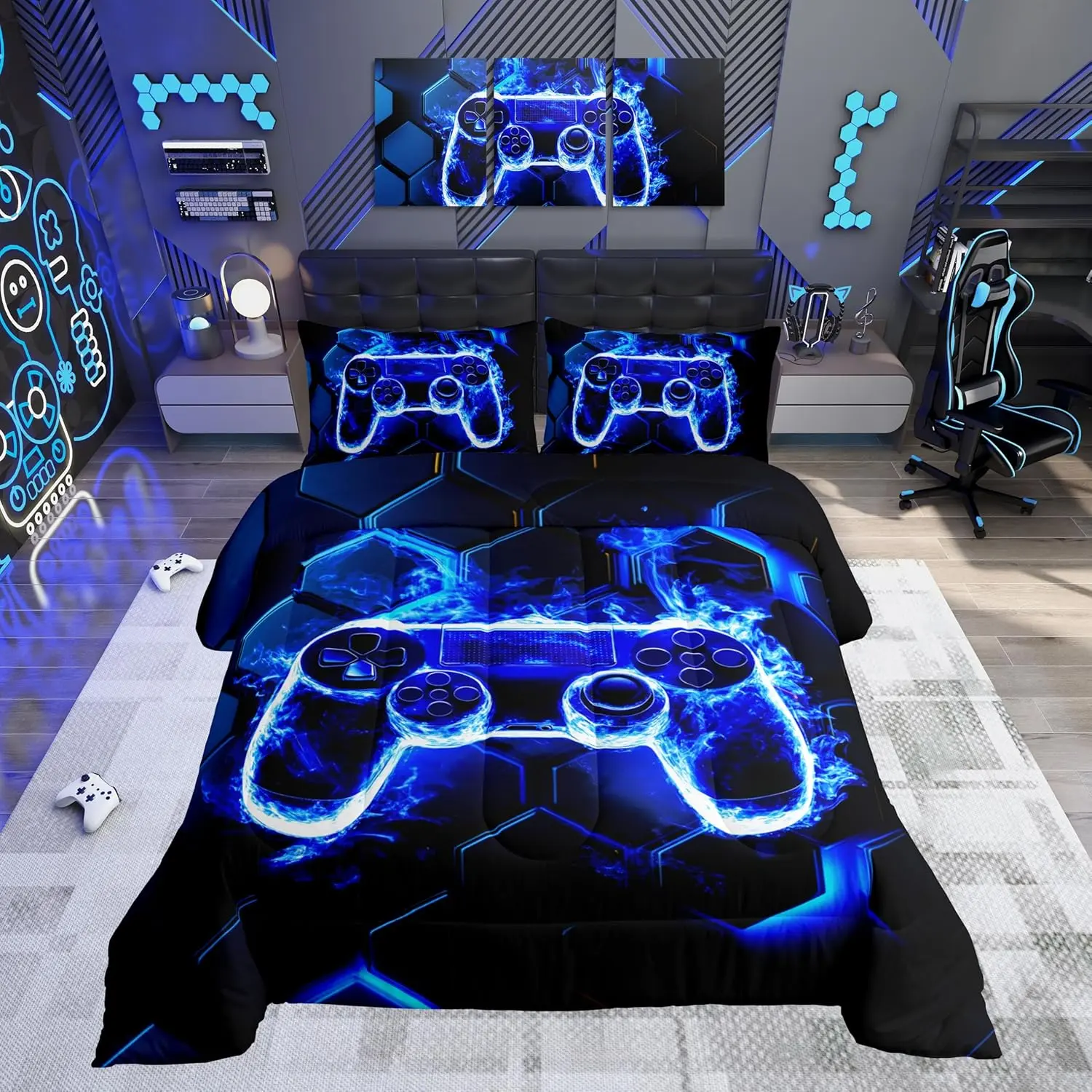 Kids Gamer Comforter Set Blue and Black Game Gaming Bedding Set Honeycomb Game Console Comforter