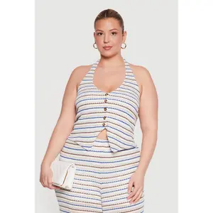 Plus Size Button Front Striped Halter Top