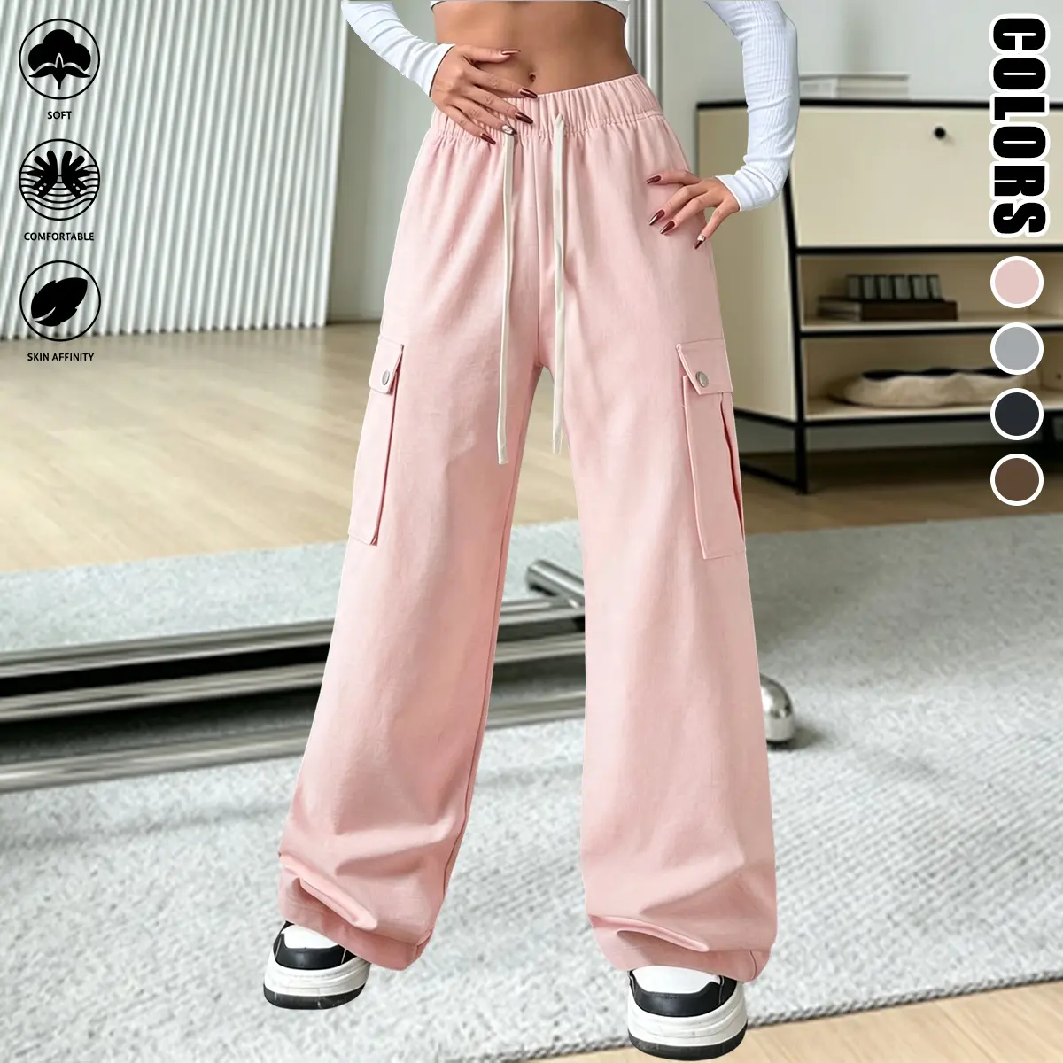 Women’s multi-pocket cargo casual pants, solid color with adjustable drawstring, high-waisted stretchy wide-leg parachute pants, loose long trousers for outdoor and everyday leisure