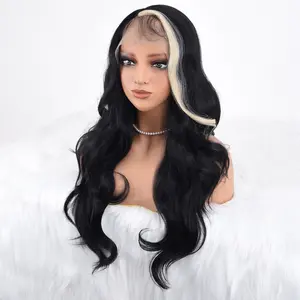 YVELIEN Skunk Stripe Lace Front Wig Pre-Plucked Synthetic Black & Blonde 24inch Body Wave Glueless HD Lace Wigs for Women 13X5X1 Side Part Ready to Wear