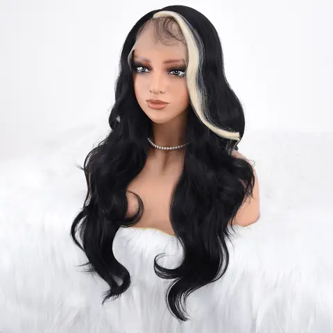 Women's YVELIEN HD Lace Front Synthetic Wig - 24 in/24" Length Body Wave, Available in Black & Blonde Skunk Stripe, 13X5X1 Side Part, Pre-Plucked Glueless, Heat Resistant, Ready to Wear, Summer Use, Natural Looking Wigs (Female)