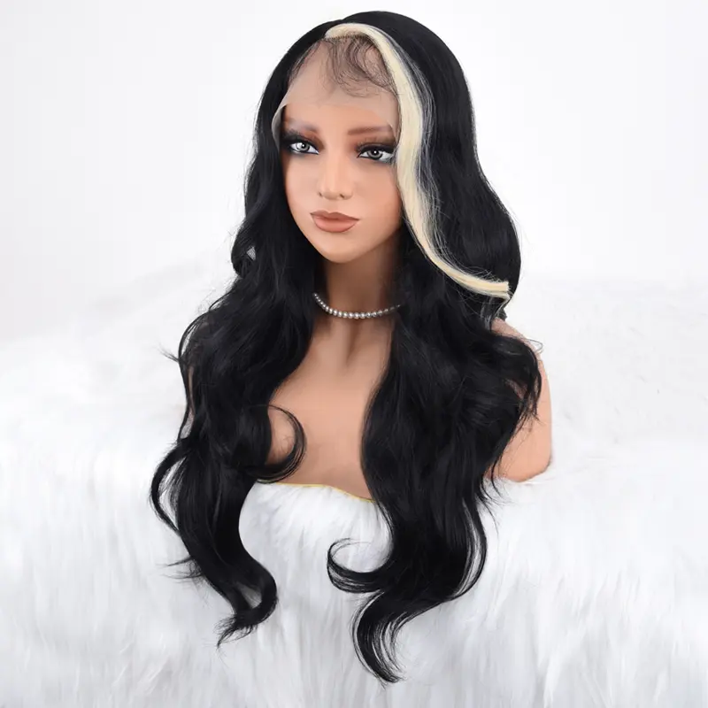 Women's YVELIEN HD Lace Front Synthetic Wig - 24 in/24" Length Body Wave, Available in Black & Blonde Skunk Stripe, 13X5X1 Side Part, Pre-Plucked Glueless, Heat Resistant, Ready to Wear, Summer Use, Natural Looking Wigs (Female)
