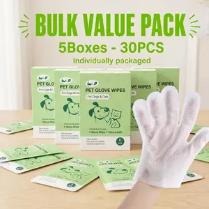 Pet Glove Grooming Wipes, Individually packaged(30 count), Plant-Based, No Alcohol, No-Rinse, Deodorizing, Non-Irritating For Pets Licking, Safe For Cat Dog Grooming