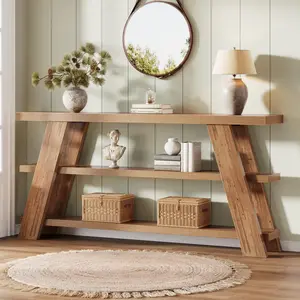 Tribesigns Extra Long Console Table With Storage, 3-Tier Narrow Sofa Table For Living Room, Farmhouse Entry Table, Brown