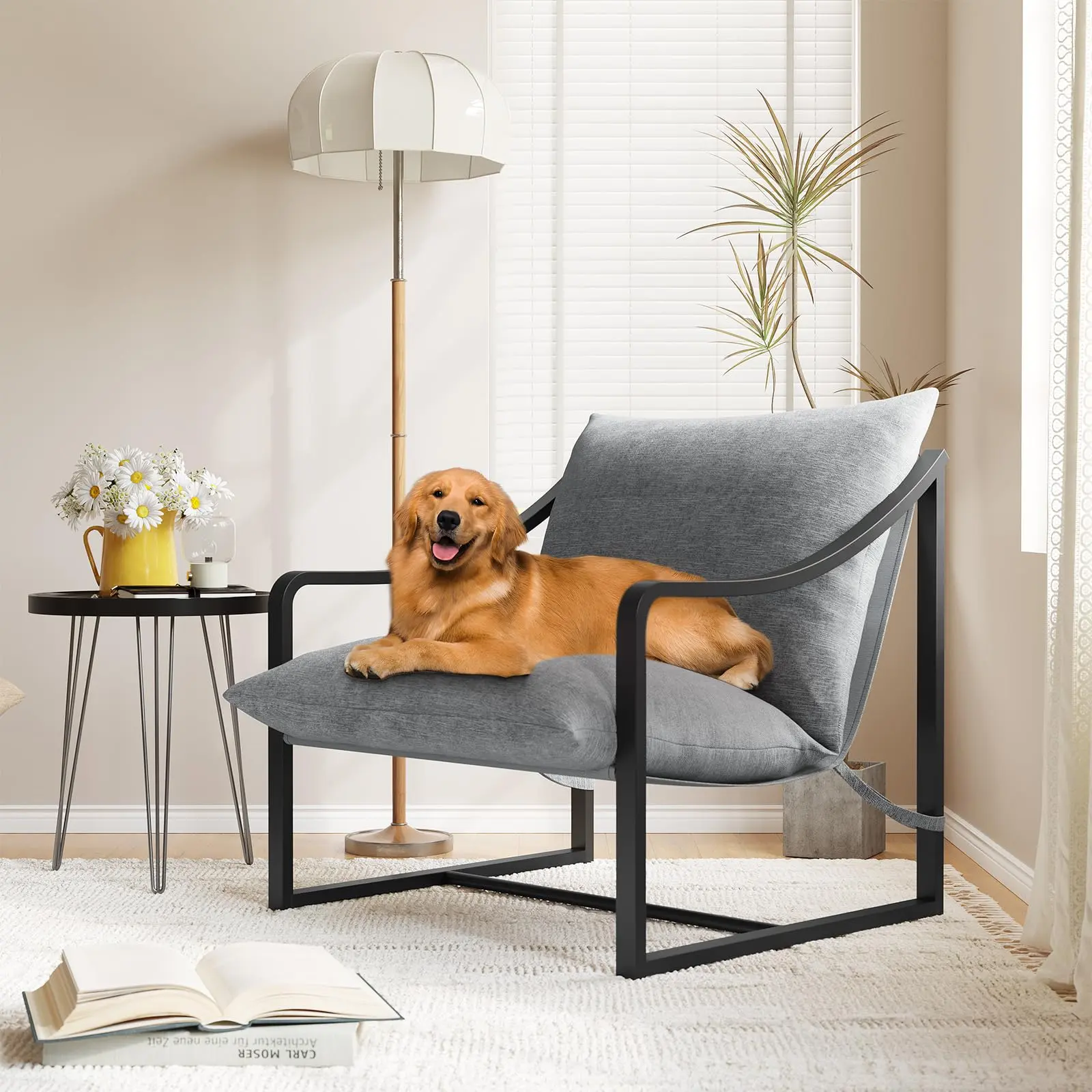 【GARVEE】Sling Accent Chair - Mid Century Modern Design with Sturdy Metal Frame and Removable Cushion, Comfortable Armchair Ideal for Living Room, Bedroom, or Reading Nook in Gray