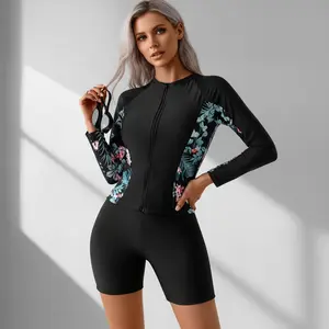 Women's Boyleg One Piece Rash Guard with Built in Bra Zip Front UPF50+ Long Sleeve Full Body Surfing Swimsuit