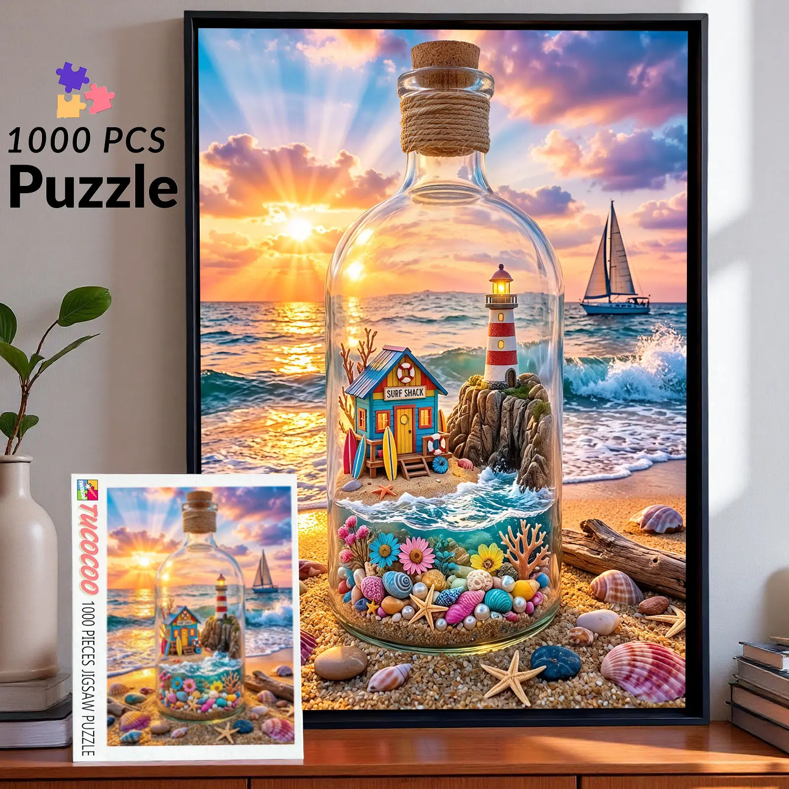 Message in a Bottle 1000 Pieces Jigsaw Puzzle, Coastal Lighthouse Beach Cottage in Glass Bottle Sunset Ocean Seaside Artwork, Challenging Brain Game for Adults Family Fun Stress Relief Gift Wall Decor 27.5x20inch 70x50cm