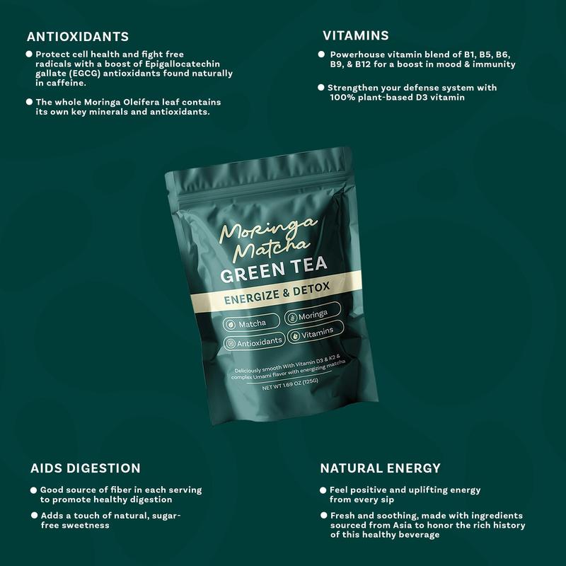 Moringa Matcha Herbal Green Tea Powder – Premium Organic Detox Drink Rich in Antioxidants, Improves Energy, Skin Health, Mental Clarity & Overall Wellness