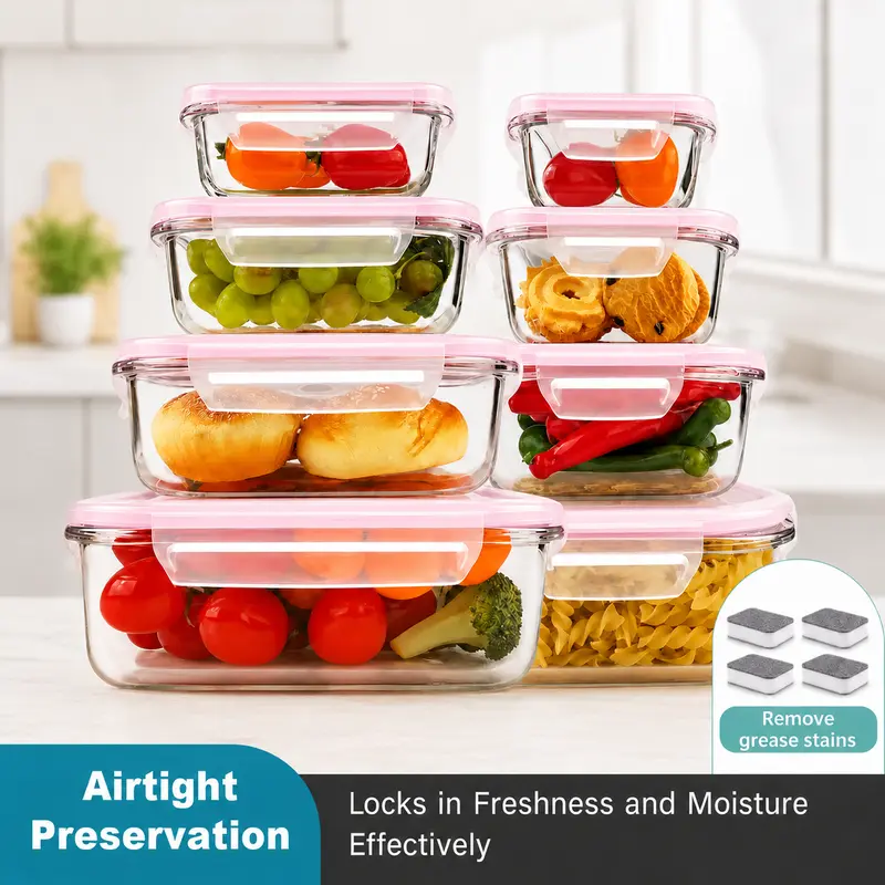 Premium Borosilicate pink Food Storage Containers 8 Pack Stackable Square Design with Airtight Lids Green Rectangle Safe for Oven Microwave Freezer High Temperature Durable Kitchen Utensils#Summervibes
