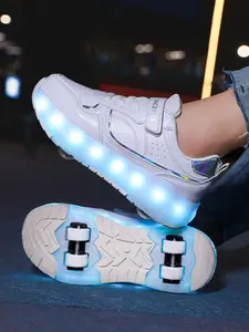 Teenage Girls' Wheel Shoes, Four-Wheel Roller Skates, Medium-Large Size Girl Small Four Wheels, LED Rechargeable Glowing Shoes