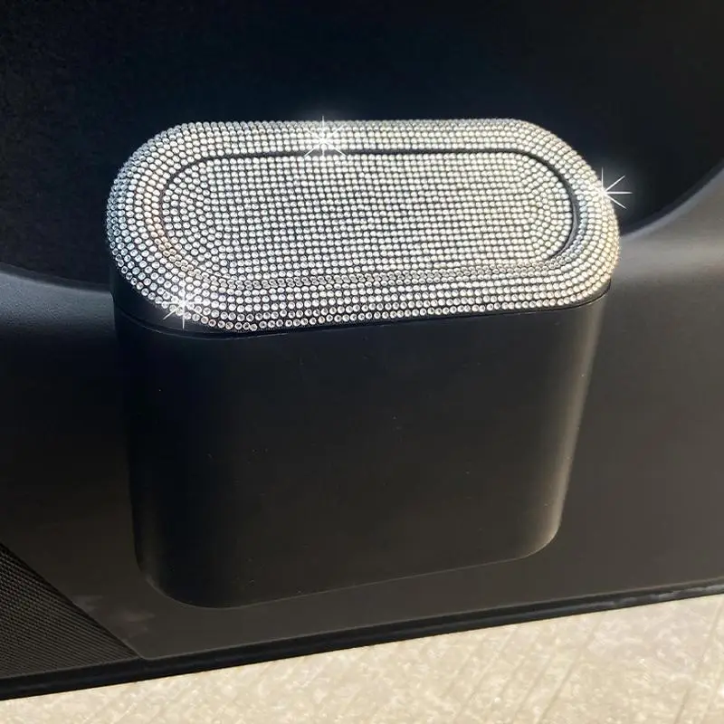 Rhinestone Decor Car Trash Can, Portable Hanging Storage Box For Car Door & Seat Back, Multifunctional Car Storage Box
