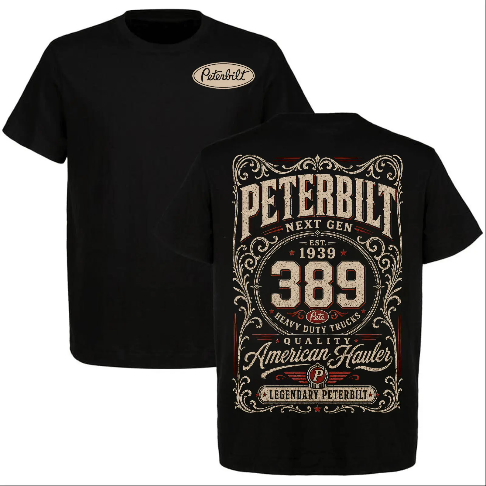 Peterbilt 389 Truck Shirt, Vintage Heavy Duty Semi Truck Graphic Tee, Front and Back Print Trucker Gift for Men