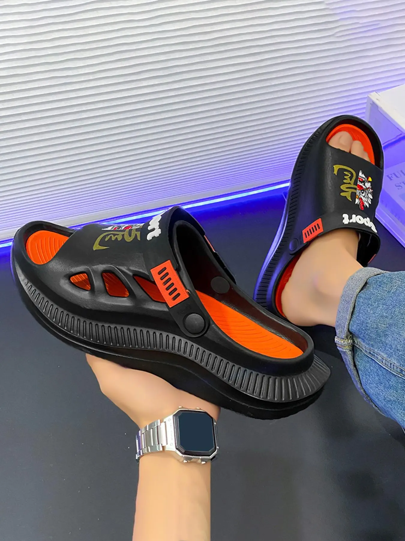 Men's Cartoon Chinese Dragon & Letters Pattern Clogs, Casual Soft Non-slip Comfortable Home Slippers, Breathable Hollow Out Clogs for Indoor & Outdoor Wear