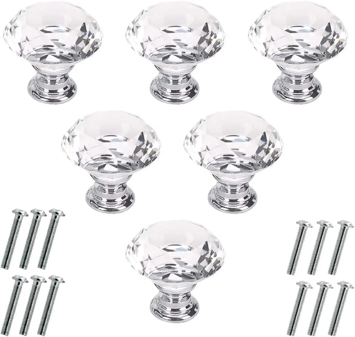 6 Pcs Crystal Glass Cabinet Knobs 30mm Diamond Shape Drawer Kitchen Cabinets Dresr Cupboard Wardrobe Pulls Handles (30mm, Clr)