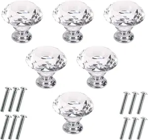 6 Pcs Crystal Glass Cabinet Knobs 30mm Diamond Shape Drawer Kitchen Cabinets Dresr Cupboard Wardrobe Pulls Handles (30mm, Clr)