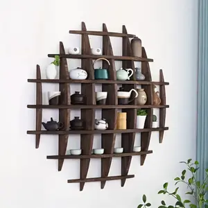 Solid Wood Chinese Tea Cup Rack Wall-Mounted Teapot Display Rack Wall Decoration Tea Set Rack Living Room Kitchen Office Commercial Storage Rack