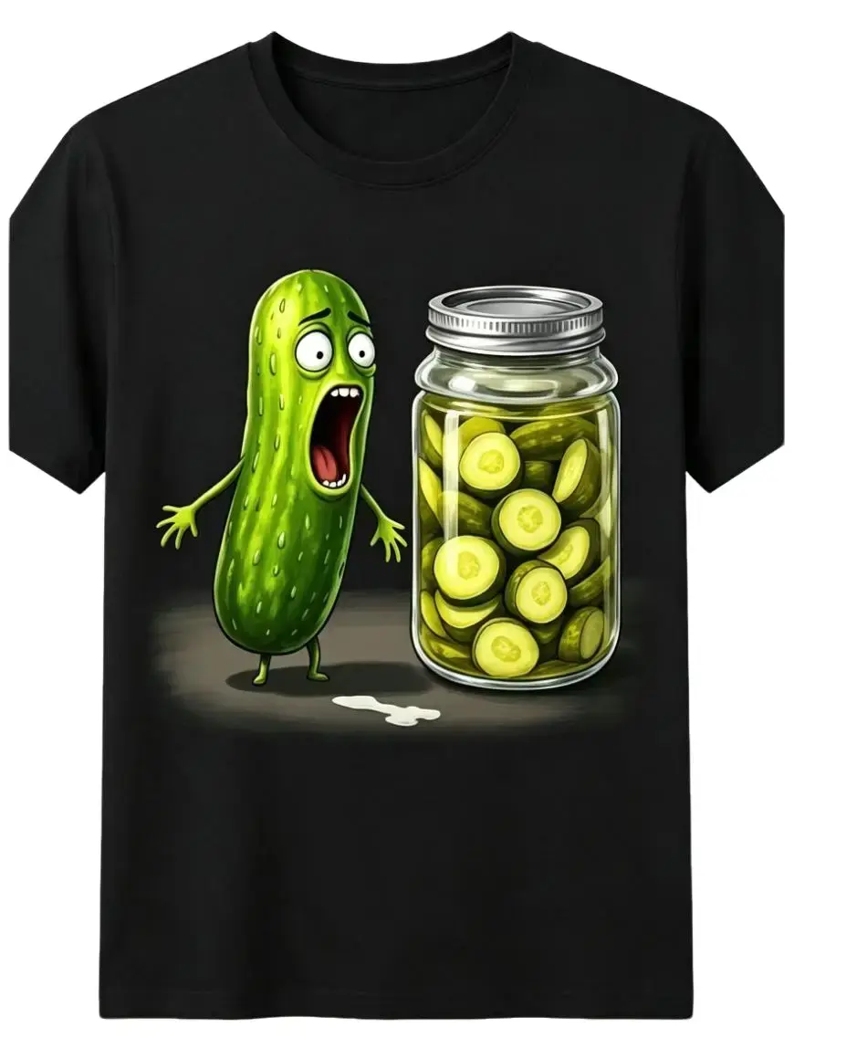 Funny Cartoon Scared Pickle Jar Graphic Cotton T-shirt, Humor Casual Short Sleeve Tee