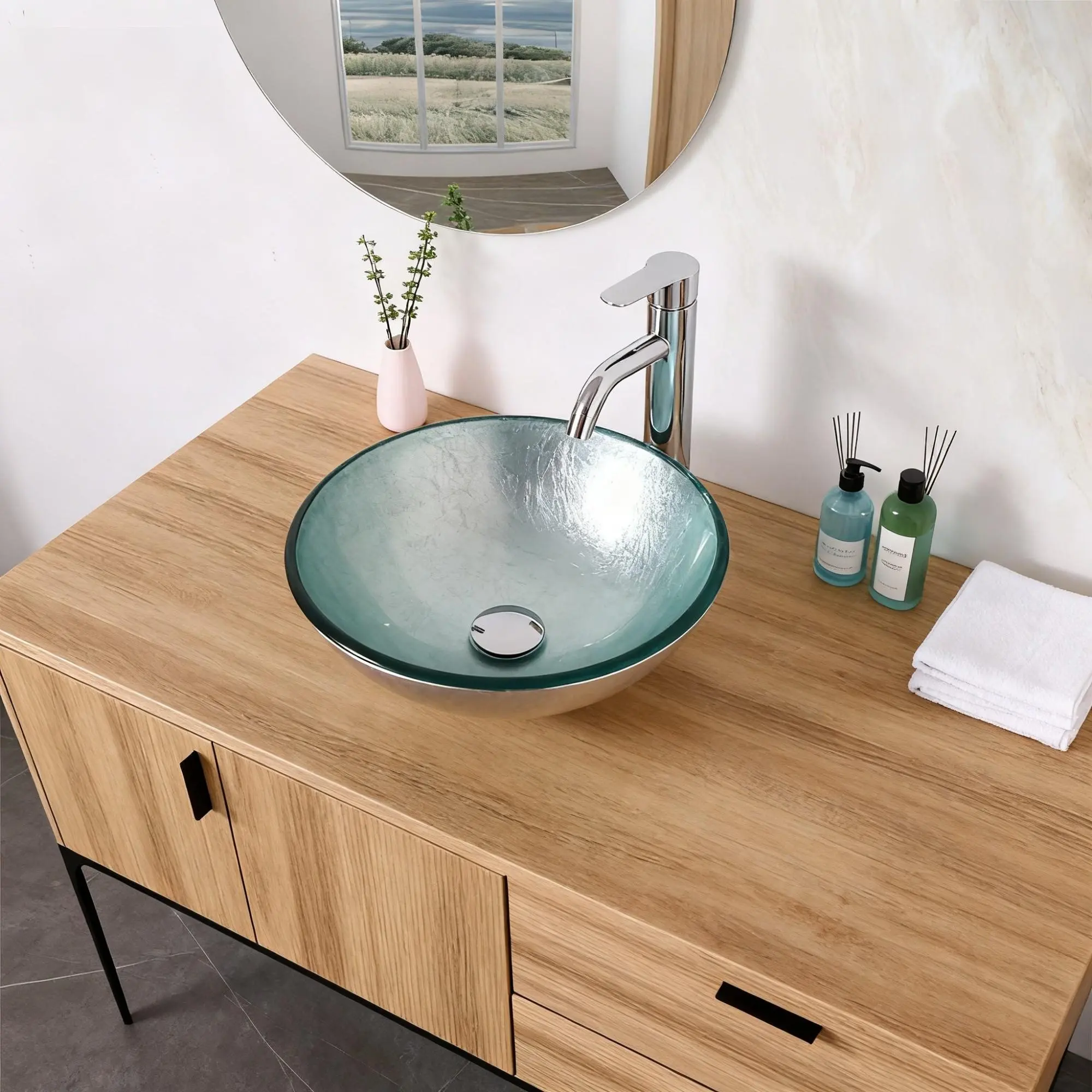 Artistic Tempered Glass Vessel Bathroom Sink with Pop-Up Drain, Silver Finish, Modern Round Countertop Basin for Bathroom Vanity, Powder Room, Guest Bath, Easy to Clean Above Counter Bowl, Single Sink, Home Furniture and Household Product