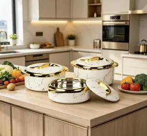 Kitchen 3-Piece Insulated Storage Container Set - Luxurious Marble Appearance, Lidded Design, Ideal for Family Gatherings, Outdoor Activities