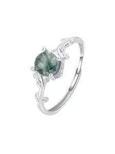 Women's S925 Silver Ring, Moss Stone Forest Design Jewelry, Adjustable Open Size, Elegant Gift for Women