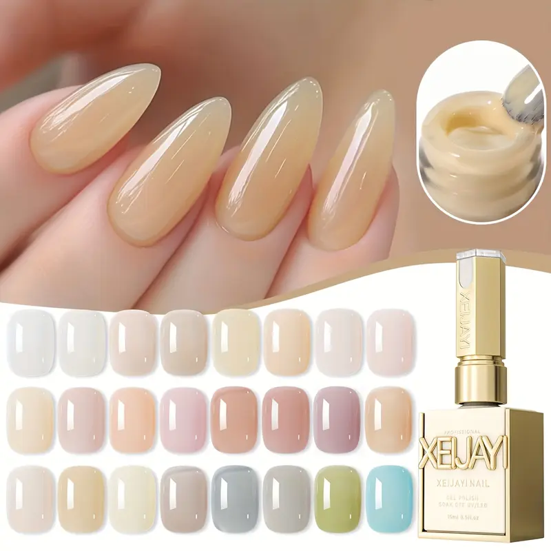 XEIJAYI 24 Color Gel Nail Polish Set TPO HEMA Free, 15ml Ice-Translucent Fruit Jelly Finish with High-Saturation Glossy Shine, Smooth Soak-Off LED Gel for DIY Nail Art, Home Manicures & Salon Use, Professional Nail Supplies