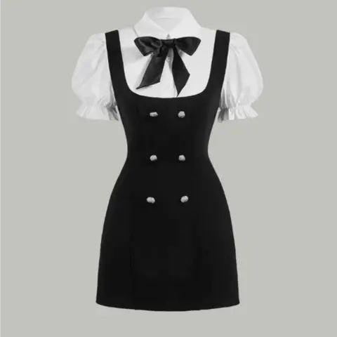 Sweet Cute Two-In-One Knit Summer Button Collared Dress with Lion Head Buckles, Button, Detachable Bow, Preppy Style, Elegant, Chic, Fashionable and Versatile for School and Youth, Casual Wear, Fitted Womenswear, Casual Summer Dresses