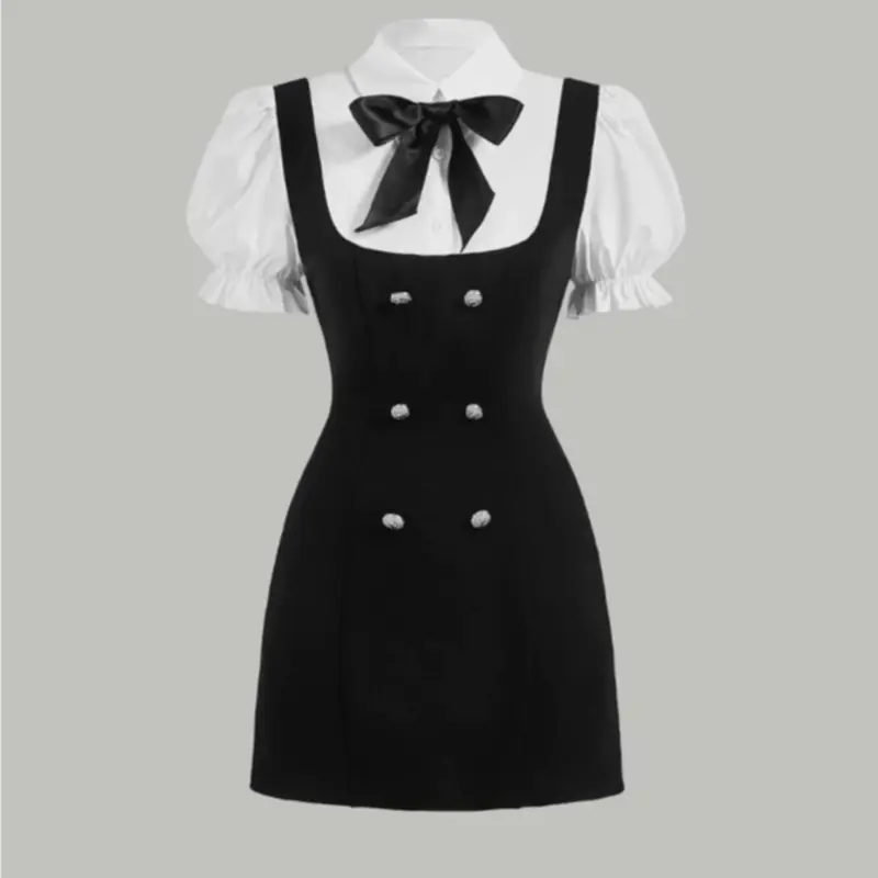 Sweet Cute Two-In-One Knit Summer Button Collared Dress with Lion Head Buckles, Button, Detachable Bow, Preppy Style, Elegant, Chic, Fashionable and Versatile for School and Youth, Casual Wear, Fitted Womenswear, Casual Summer Dresses