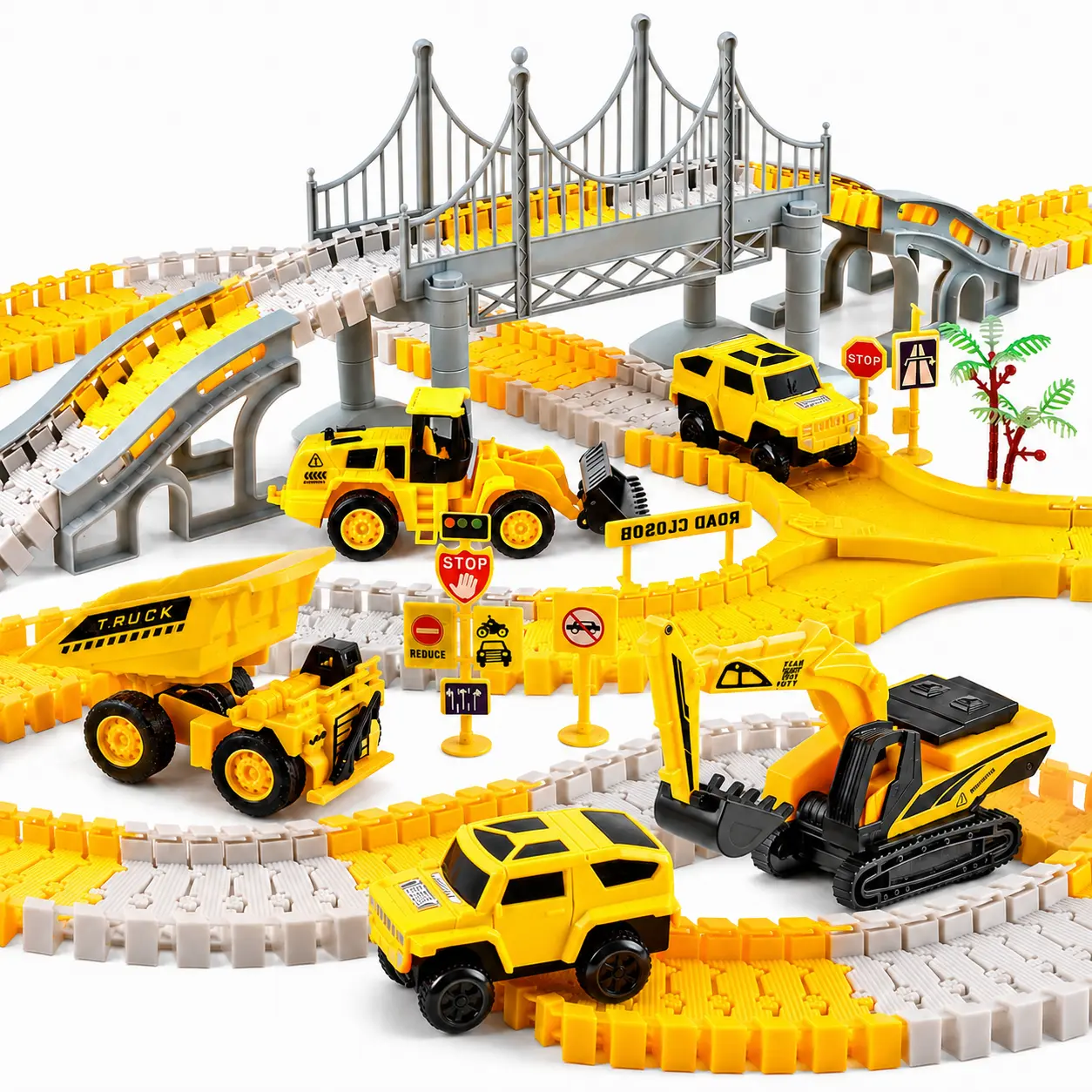 276 PCS Construction Track Set for Kids, Electric Race Track Playset with Dump Truck, Excavator, Bridge, Road Signs & Construction Vehicles, Boys Girls Gift