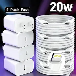 4-Pack 10-Foot Fast Charging Lightning Cables with 20W TypeC-PD Charger Blocks, Compatible with 14/13/12 Pro Max, 11 Pro Max & XS - White