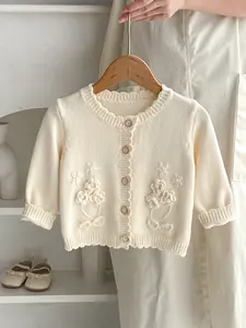 Autumn Kids Handmade Floral Sweater Knit Coat, Simple Must-Have for Children, Stylish and Comfortable Outerwear, Floral Pattern Sweater