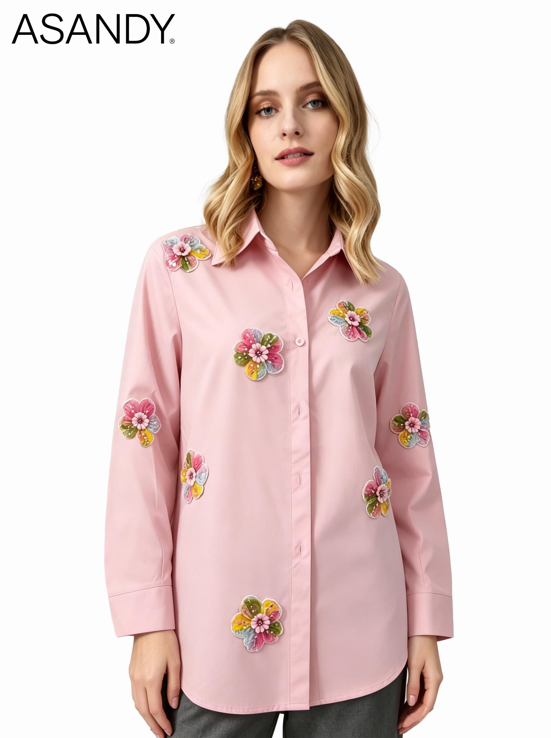 ASANDY Women's Collared Long-Sleeves Top, Pink Button-Down Shirt with 3D Floral Sequin Embroidery, Elegant Casual Blouse for Work & Everyday Wear tiktokshopspringglowup,summervibes