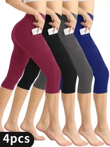 Women's Capri Pants - High Waisted Assorted Cropped Pants (Black, Grey, Red, Blue), Tummy Control Firm Fit, Breathable Non-See-Through For Cycling, Hike, Work