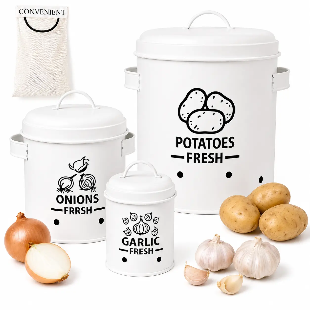 3-Piece Potato Onion Garlic Storage Canister Set, Ventilated Metal Vegetable Bins with Lids and Handles, Farmhouse Kitchen Countertop Pantry Organizer, Available in White and Black