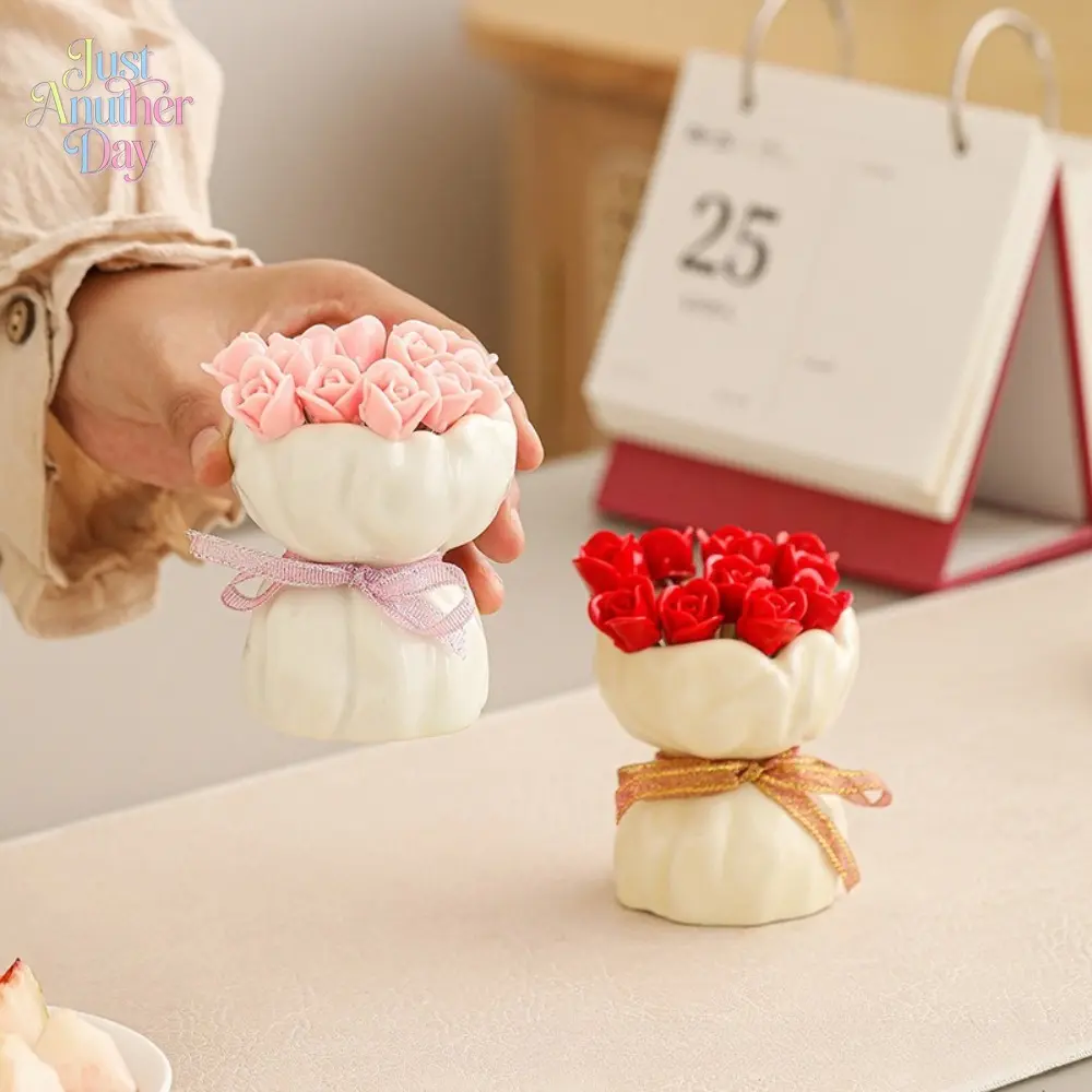 Rose Flower Ceramic Fruit Fork Set, Cute Flower Bouquet Holder with Stainless Steel Forks, Aesthetic Dessert Forks for Home Kitchen Decoration