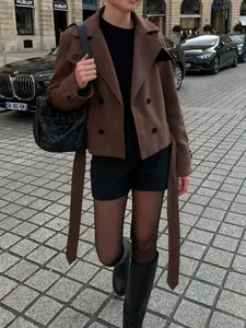 Women's Fall Winter Casual Loose Fit Lapel Jacket, Short Commuter Street Style Tweed Coat, Double-Breasted Button Design, Outerwear